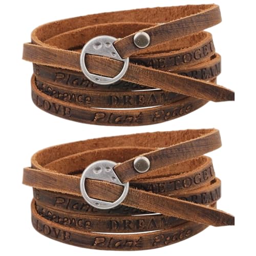 2PCS Cowhide Leather Wrap Bracelets Wristbands Cuff Vintage Adjustable Genuine Leather Boho Layered Bracelet Western Brown Stackable Straps Arm Armor with Alloy Toggle Clasp for Men Women