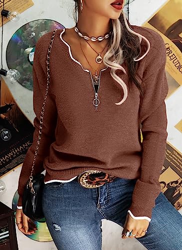 Image of Hongqizo Women's V Neck Long Sleeve Sweater Half Zipper Knit Sweater Casual Cricket Stripe Jumper Pullover Knit Tops