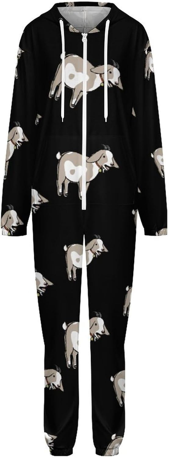 Goat Adult Pajamas Onesie with Hood Pocket Jumpsuits One Piece Sleepwear