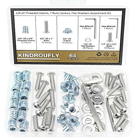 Kindroufly 1/4-20 Threaded Inserts for Wood, 1/4-20 T Nuts, 1/4-20 Bolts Fully Threaded Button Head Socket Cap Screws, Length 3/4" 1" and 1/4" Washers with Hex Wrench, Total 64 Pieces Cover