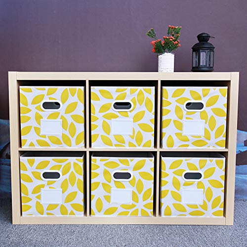 Image of MAX Houser Fabric Storage Bins Cubes Baskets Containers with Dual Plastic Handles for Home Closet Bedroom Drawers Organizers, Flodable, Set of 6 (Yellow)