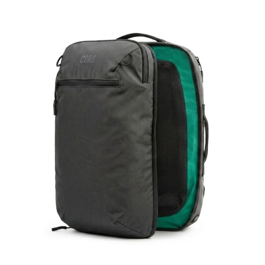 COR Surf Zaino da viaggio per laptop approvato da volo, zaino da viaggio per lavoro e weekender, per uomini e donne, Nero con cerniera nera, 34L, Con cerniera