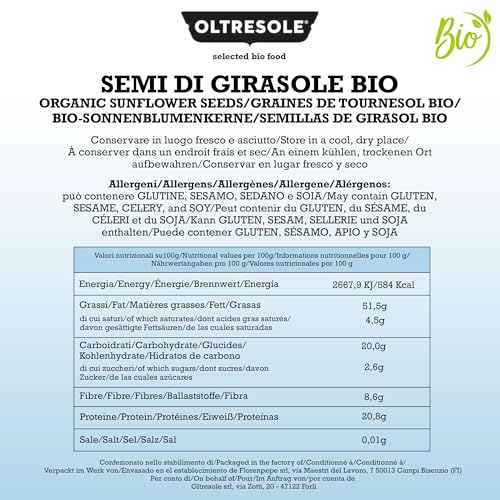 Oltresole, Bio-Sonnenblumenkerne geschält 1 kg, Bio-Ölsaaten roh, geschält, nicht geröstet und ungesalzen, reich an Ballaststoffen und Nährstoffen, ideale Verpackung für Familien