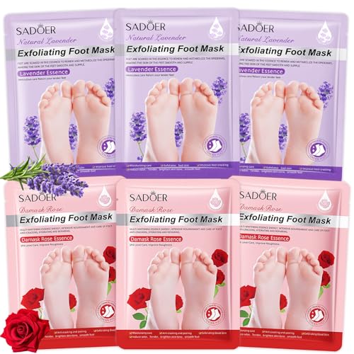 6 Pares Mascarilla Pies Exfoliante,Máscara Pies Peeling,Calcetines exfoliantes para pies,Hidratación Profunda,Mujeres y Hombres Quitar Piel Muerta y Callos,Lavanda+Rosa