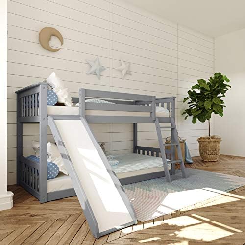 Max & Lily Low Bunk Bed, Twin-Over-Twin Wood Bed Frame For Kids With Slide, Grey
