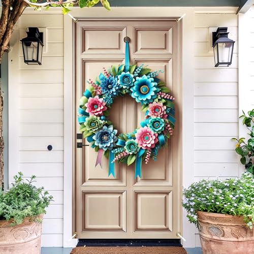 Image of Teal Pink Floral Ring Door Cover 35x71in Spring Bloom