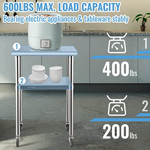 Image of VEVOR Stainless Steel Prep Table, 24 x 24 x 33.5 Inch, 600lbs Load Capacity Heavy Duty Metal Worktable with Adjustable Undershelf & Universal Wheels, Commercial Workstation for Kitchen Garage Backyard