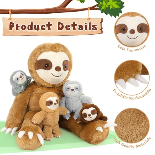 MorisMos 5 stücke Faultier Kuscheltier XXL Set, 56cm riesen Faultier Kuscheltier mit 4 Babys im Bauch, groß Plüschtier Stofftier Puppe, Slothteddy Geschenk für Babys Mädchen