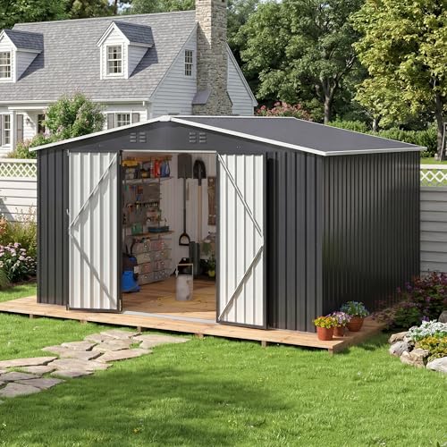Image of AirWire 10x12 FT Outdoor Storage Shed, Metal Garden Shed with Updated Frame Structure and Lockable Doors, Heavy Duty Weatherproof Tool Sheds for Backyard Garden Patio Lawn, Black