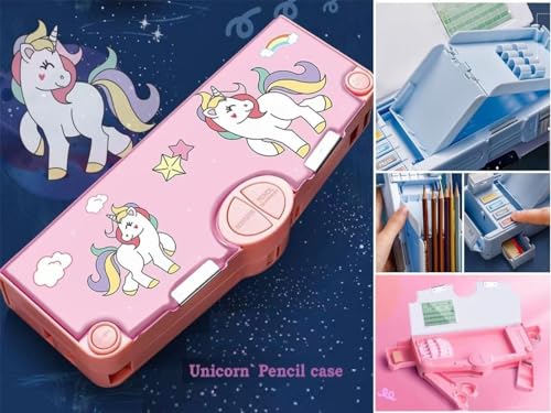 Image of Branded Unicorn Theme Magnetic Pencil Box for Kids, Space Pencil Box for Boys & Girls, Stationery Box, Buttons Operated Pencil Box for Kids
