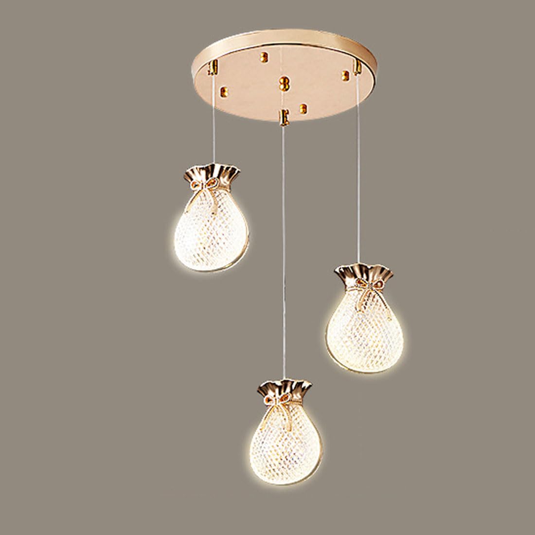 HXYSXHJUO G9 modern lucky bag chandelier, simple dining room creative bedroom hall lamp, living duplex staircase villa lamp,Gold,3 head round disc
