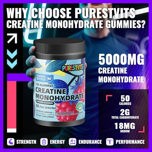 Image of NSF Certified Creatine Gummy 5g - Creatine Monohydrate Gummies - Pre-Workout Energy & Muscle Growth Support for Men & Women | Blueberry Raspberry Electrolyte Gummies (135 Count)