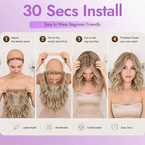 Image of Eawwii Ash Blonde Mix Platinum Short Wavy Wig for Women Lace Hairline Bob Style Synthetic Heat Resistant - Natural Appearance for Everyday Hairstyle 14 Inch