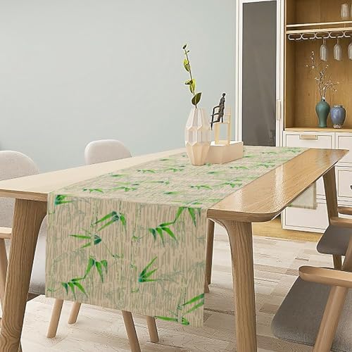 Image of Bamboo Print Linen Table Runner,Rustic Farmhouse Nature Table Decor for Indoor Outdoor Dining Kitchen, Coffee Table Decor, Spring and Summer Party Decoration,13x120 Inch