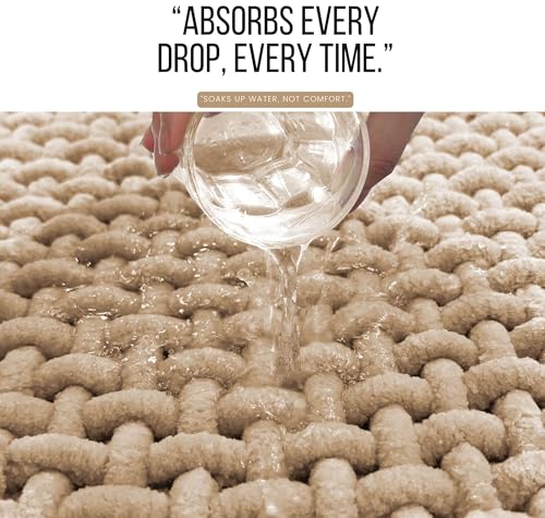 Image of SANMARINO Non Slip Chenille Bath Mat, Extra Soft Bathroom Mat, Super Absorbent Fluffy Bath Mats for Bathroom, Machine-Washable Quick Dry Bath Rug Foot Mat, 16 inchx24 inch, Beige
