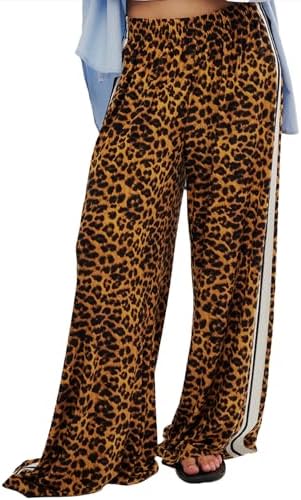 D-Sun Women Wide Leg Leopard Pants Mid Rise Leopard Velvet