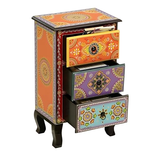 Image of Wooden Bedside Table for Bedroom | 3 Drawer Side Table | Handpainted Rajasthani Chest of Drawers | Solid Wood Small Bedside Table with Drawer Storage for Living Room (Multicolour-BS4)