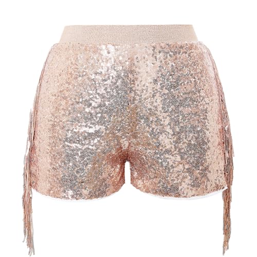 CHENBAO Women Shorts Tessel Trendy Sequin Sparkle Short Pants Ladies Birthday Party Shorts Summer Junior Dance Halloween Christmas Clothes Rose Gold XL