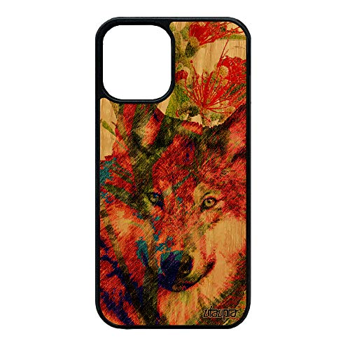 utaupia Coque Bois Silicone pour iPhone 12 Mini Loup Pas Cher Nature Peinture Portable Smartphone Noir Vert Alpha Animaux Telephone Fleurs