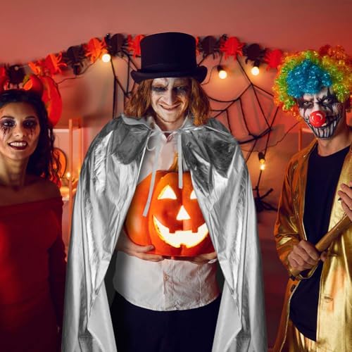 Aomig Silber Umhang Vampir Umhang Jedi Mantel Mittelalter Umhang mit Kapuze Erwachsene Unisex Scream Kinder Cape Kostüm Damen Halloween Costume Maskerade Familienfeier Herren Karneval Cosplay-150cm