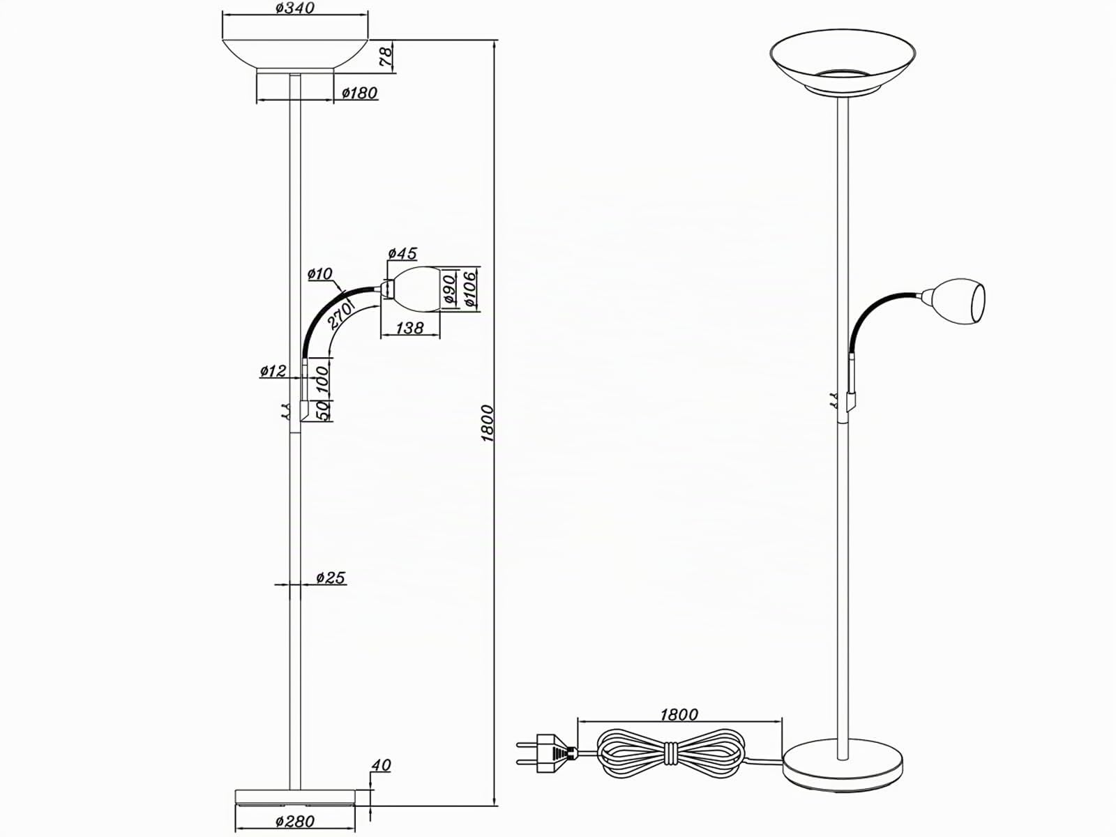 meineWunschleuchte Decken-fluter mit Leselampe & Glassschirm, Silber | Höhe 180cm, mit 2x E27 & 1x E14 LED, flex Leselicht, getrennt schaltbar, klassisches Design, Stehlampe zum Lesen