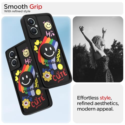 Image of Pikkme Back Cover for Oppo F21 Pro 5G / F21s Pro 5G | Soft Silicone| Cute Rainbow Smile & 3D Cartoon Flower Design | Shockproof Raised Camera Protection Bumper Case (Black)