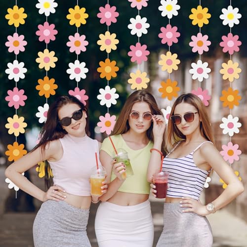 Image of Pasimy 8 Pcs Daisy Boho Party Decorations Groovy Daisy Paper Garlands White Flower Hanging Garland Banner Hippie Flower Cutouts for Birthday Shower Wedding Party Favor Supplies(Groovy,Multicolor)