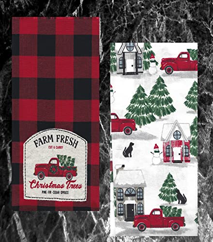 St. Nicholas Square Kitchen Hand Towels, Set Of 2, Farm Fresh Christmas Trees Appliqued Embroidery Red Truck, Red And Black Buffalo Plaid Flat Cotton Dishtowels For Home Decorating #TOP3