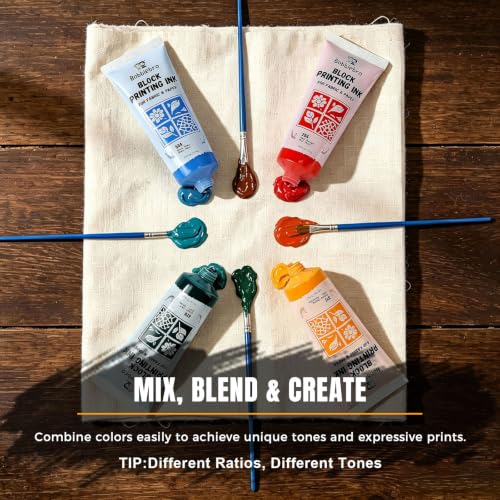 Image of Bobblebro Linocut Kit for Printmaking, 6 Color Fabric Block Printing Kit | Stamp Making Kit with 2.6 oz Fabric Block Printing Inks, Linocut Blocks, Carving Tools, Adult DIY Art & Back to School Gifts