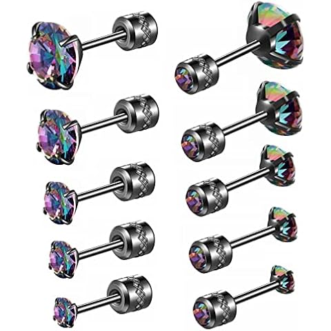 Hopply 5 Pairs Titanium Screw Back Cubic Zirconia Studs for Women Men(Rainbow CZ Black,2-6mm) Cover