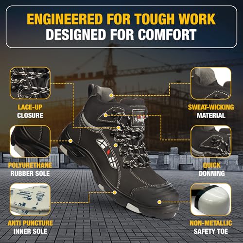 UNIONSPACE Work Boots for Men – Black Slip-Resistant Composite Safety Toe Shoes | Durable, Non-Slip Construction Footwear with Kevlar Sole & Composite Toe Protection3