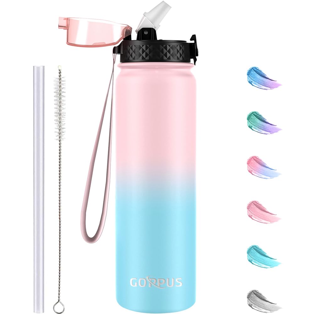 GOPPUS 1L/32oz Stainless Water Bottle with Straw Double Wall Insulated Bottles with Strap Reusable Vacuum Thermal Flask Leakproof Keep Cold Drinks Bottles with Flip Top Lid for Gym Men Women BPA Free — image 1
