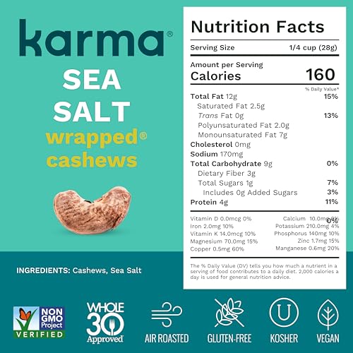 Image of Sea Salt Wrapped Whole Cashews by Karma Nuts, Air Roasted with Natural Skins, 2X more Fiber, Whole 30, Peanut-Free Facility, Kosher, Everyday Nut Snack, 7oz Resealable Bag