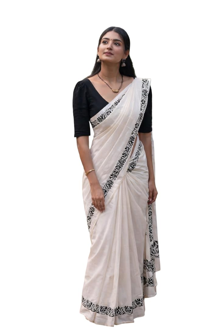 femori White Linen Saree with Black Printed Border for Women, Traditional Ethnic Saree, Lightweight and Breathable-picture-19
