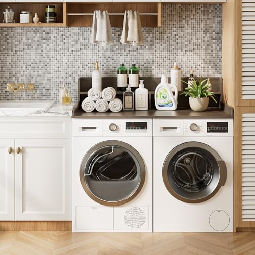 Apetaccat Arbeitsplatte für Waschmaschine und Trockner mit 2-stufigem Regal, Wasserabweisende Waschmaschinenabdeckung, Waschmaschinenregal mit Anti-Rutsch-Pads, Abdeckung Waschmaschine Holz, grau