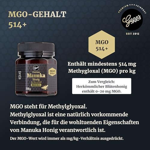 Gepp’s Feinkost Manuka Honig 500 g, hohe Reinheit von 514+ MGO I Manuka-Honig aus Taranaki, Neuseeland I Superfood Manuka, unvergleichlich cremig & aromatisch I Preisgekrönter Manuka Honey