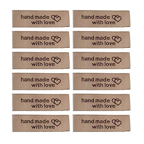 EvaGO Lot de 50 étiquettes à coudre tissées faites à la main avec amour avec cœurs emboîtables brodées pour vêtements, vêtements et couture couleur chocolat Cover