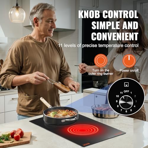 Image of VEVOR Electric Cooktop, 12 inch 2 Burners Built-in Electric Stove Top, 3000W Ceramic Top Radiant Cooktop, with 11 Heat Levels, Glass Panel, Knob Control, 220-240V, Hard Wire (No Plug)