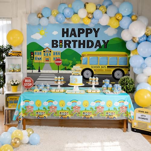 Image of Blue Orchards School Bus Tablecovers (Pack of 3) - Party Supplies, Back to School Decorations, Wheels Tablecloth, Kindergarten Graduation Decorations, School Bus Theme Party