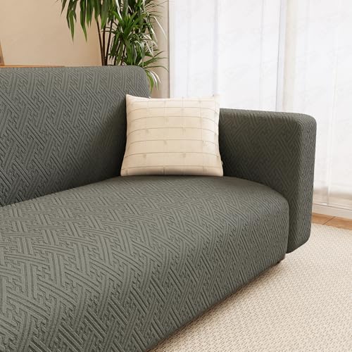 Image of Lukzer 5 Seater Pastel Dark Grey Grid Maze Pattern Sofa Cover | 240 GSM Universal Stretch Fit 3+1+1 Jacquard Fabric Couch Protector | Fully Covered Anti Slip & Washable Sofa Cover (SC-104-05)