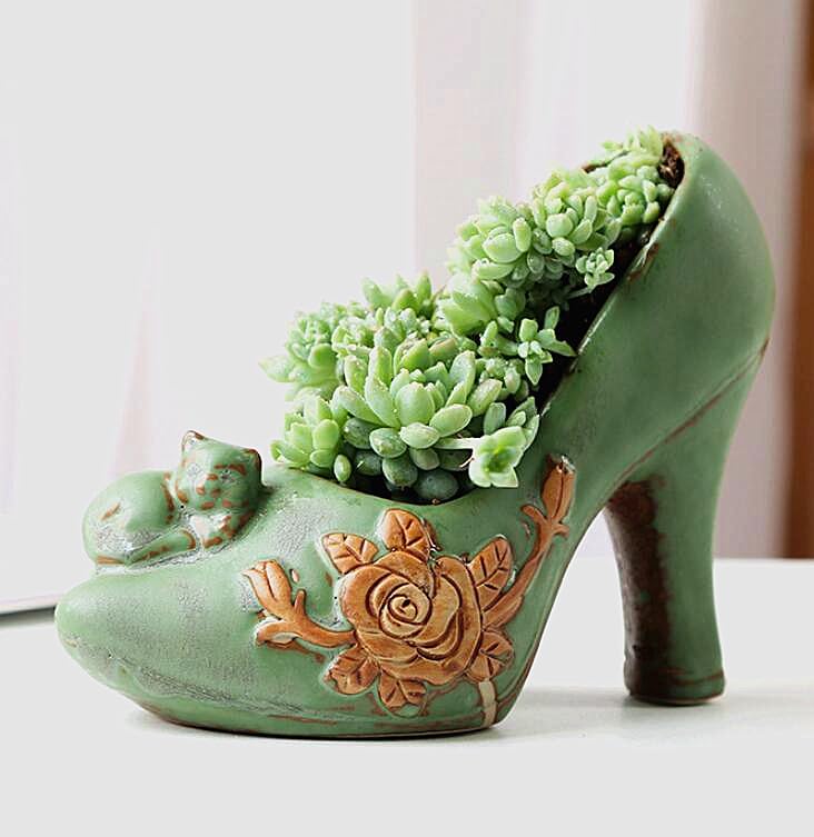 EatingBiting Retro Ceramic High Heel Succulent Plant Pot Flower Pot Cat & Heel Shoes Design Planter Decoration Vase Succulent Planter Modern Flower Vase Cactus Pot