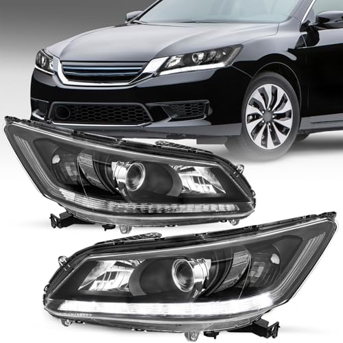 SOCKIR LED DRL Headlight Assembly Replacement for 2013 2014 2015 Honda Accord 4-Door Sedan Halogen Type HeadLamp Driver & Passenger Side Black Housing