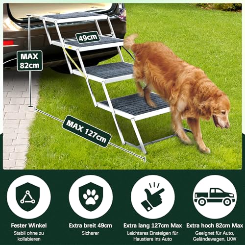Hundetreppe Auto mit Teppich, Extra Breit 4 Stufen Hunderampe Auto Klappbar,Leichte Hunderampe Auto Klappbar, rutschfeste Hundetreppe für Lastwagen und SUV, Unterstützung bis 100 KG