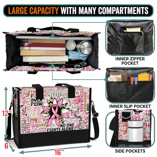 Image of 84hoods Large Waterproof Tote Bag with Pockets and Zipper for Travel, Work, Grocery. Breast Cancer Awareness Gift for Women.
