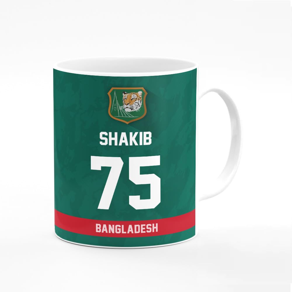 Stylizedd Designer Printed Coffee Mug with Heavy Duty Handle 11oz Ceramic Personalised Gift Mugs Cup - Player - Shakib Al Hasan, Jersey Number - 75