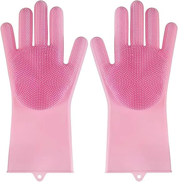 BUYERZONE WITH BZ LOGO Gloves Magic Silicone Dish Washing Gloves for Kitchen Dishwashing and Pet Grooming, Great for Washing Dish, Car, Bathroom (Multicolour, Pack of 1) (Pink)