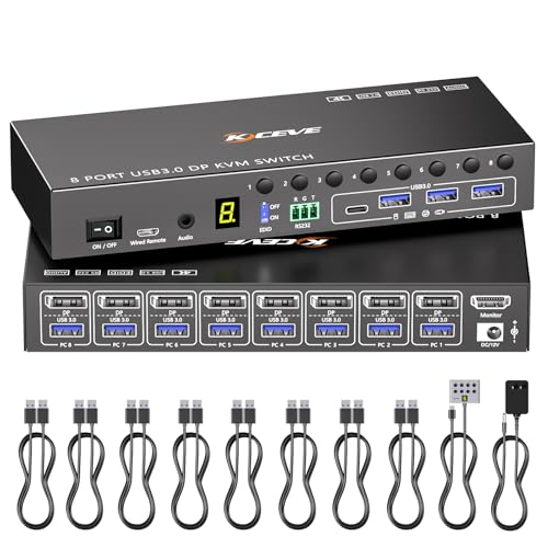 Conmutador KVM de 8 puertos Displayport 4K a 60Hz EDID, interruptor KVM USB 3.0 DP para 8 computadoras Comparte 1 monitor y 4 dispositivos USB, conmutadores KVM con audio RS232 remoto con cable de