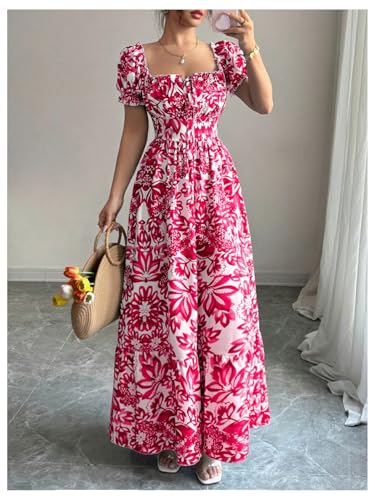 Image of Floerns Women's Floral Short Puff Sleeve Milkmaid Dress Boho A Line Long Dresses