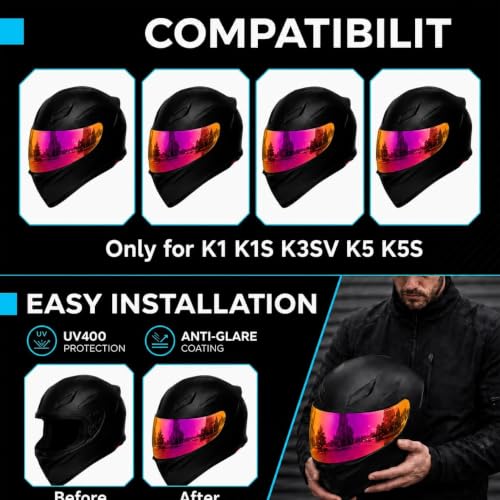 Image of PSLER Shatterproof Helmet Visor for K1 K1S K3SV K5 K5S,(Film&Rose Red) | Impact-Resistant ,UV400 Protection, Motorcycle Tinted Face Shield for K1 K1S K3SV K5 K5S ,Visor Replacement