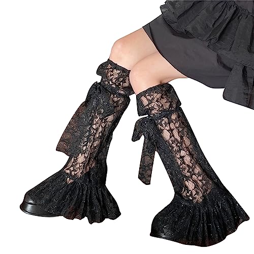 Womens Star Leg Warmers-Lolita Boot Stockings Japanese Lace Trim Long Leg Socks Fashion 80s Party Dance Legwarmers Black